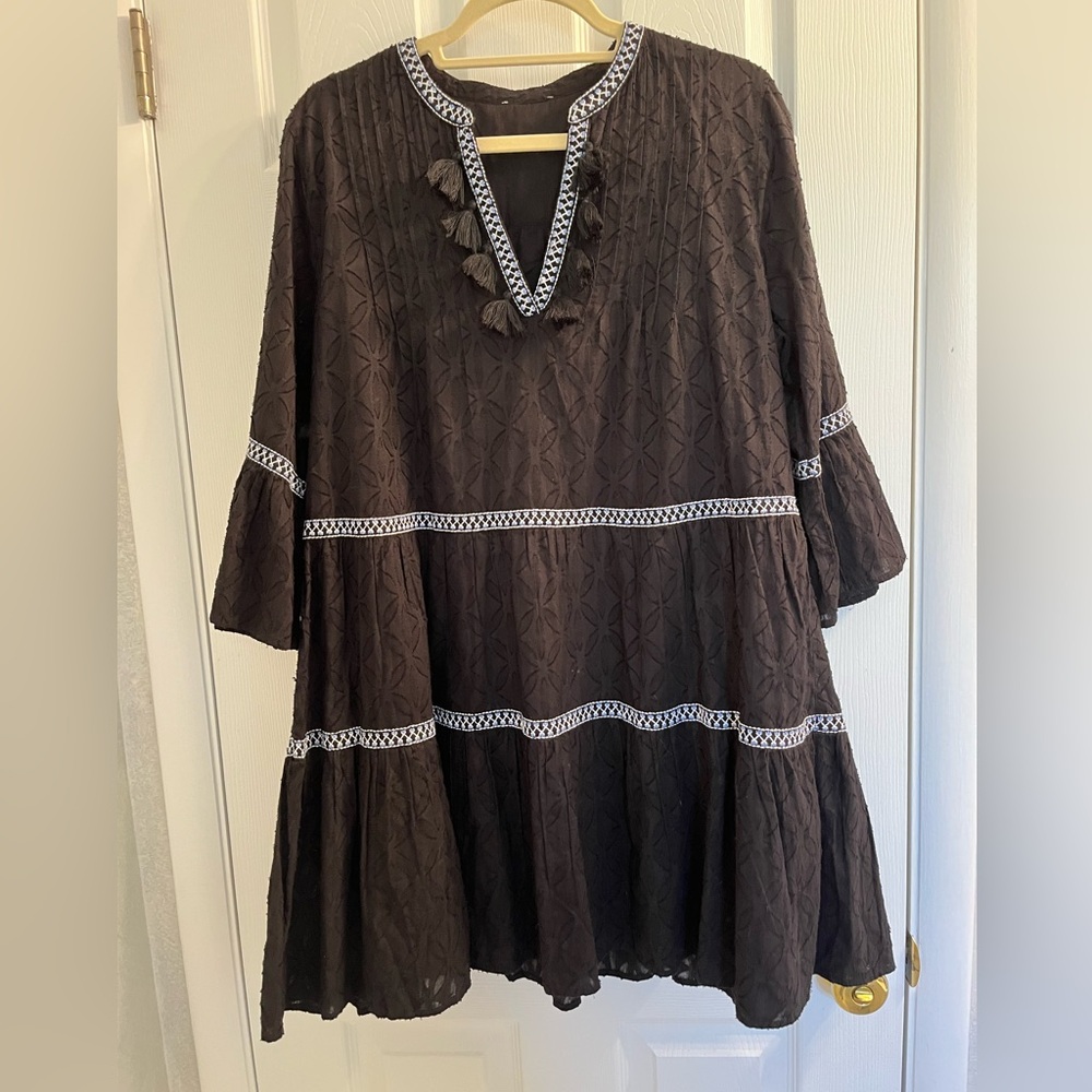 Tommy Bahama Black Tiered Embroidered Dress with Tassels